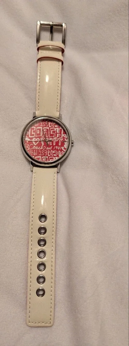 Coach Poppy Watch Graffiti Print Patent Band Red White VGUC
